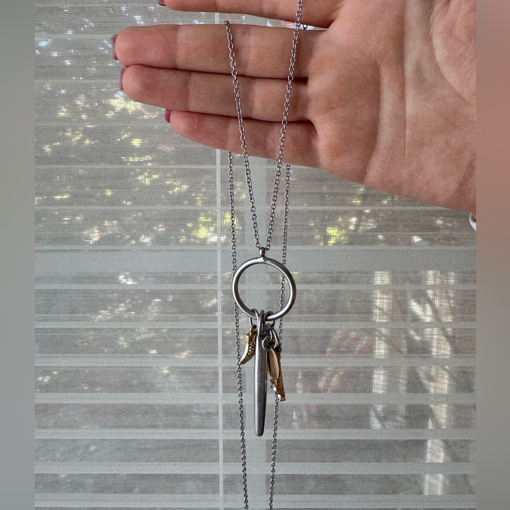 Mixed Metal Charm Necklace / Long Layered Statement Pendant